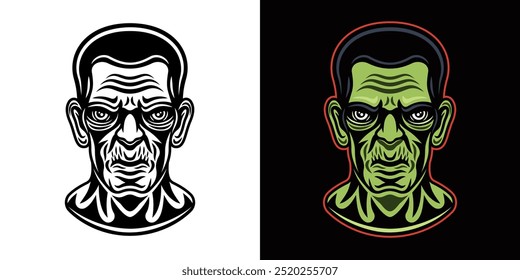 Halloween Monster Kopf frankenstein Vektorgrafik in zwei Stilen, schwarz auf weiß und farbig