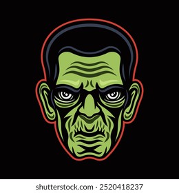 Halloween Monster Kopf frankenstein Vektorgrafik im farbigen Stil auf dunklem Hintergrund