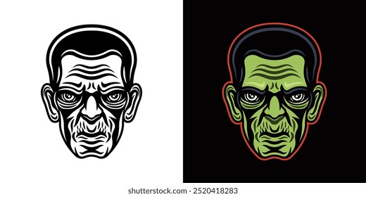 Halloween Monster Kopf frankenstein Vektorgrafik in zwei Stilen, schwarz auf weiß und farbig