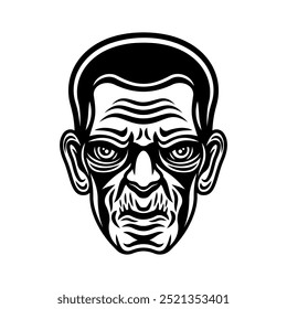 Halloween Monster Kopf frankenstein Vektorgrafik im monochromen schwarzen Stil einzeln auf weißem Hintergrund