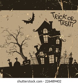 Halloween Monster House With Bat And Pumpkins, Eps 10 Vector Illustration