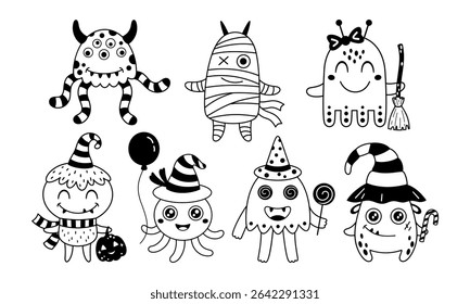 Halloween monster isolated black and white clipart set. Cute spooky seasonal elements, Halloween character, Happy Halloween hand drawn vector illustration in flat style