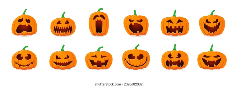 Halloween Monster Jack Lantern Orange Pumpkin Carved Glowing Scary Face Set On White Background. Holiday Cartoon Character Emotions Collection For Celebration Designs. Vector Evil Spooky Illustration