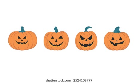 Halloween monster jack lantern orange pumpkin cut out glowy scary different spooky faces set on white background. Vector flat illustration 