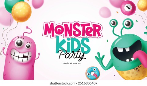 Halloween monster kids party vector banner design. Halloween monster kids party text with cute and happy cartoon characters for seasonal invitation card. Vector illustration holidays banner template.
