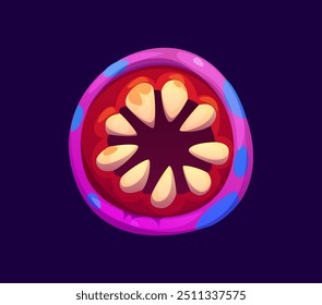 Halloween monster mouth, circular jaws with sharp, pointed teeth. Cartoon vector wide open spooky alien or the worm round maw with purple spotted lips and red gums. Eerie and menacing mouth of mutant