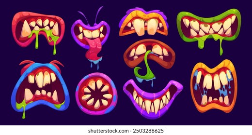 Boca de monstruo de Halloween con mandíbulas babosas y lengua de saliva. Vector de dibujos animados con labios y mandíbulas espeluznantes en vibrantes colores rojo, azul, verde o púrpura. Bocas extraterrestres, zombis o monstruosas, divertidas y inquietantes