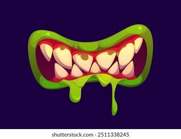 Boca de monstruo de Halloween con mandíbulas babosas, saliva goteando, labios verdes y dientes afilados exagerados. Vector de dibujos animados aislado demonio espeluznante, zombi, alienígena, maw del diablo con baba goteante aterradora y gomas rojas