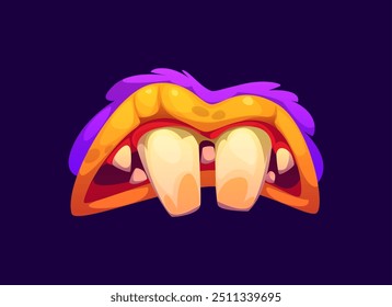 Boca de monstruo de Halloween con mandíbulas babosas, lenguas y dientes. Vector de dibujos animados de miedo sonrisa del diablo con exagerados, Grandes, dientes delanteros, labio superior púrpura con una textura similar a la piel, y una mandíbula roja y naranja