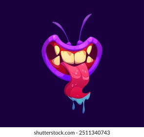 Halloween monster mouth with drool jaws and saliva tongue. Cartoon vector creepy open mouth with purple lips, yellow teeth and red gums, creating spooky and eerie effect for party holiday celebration