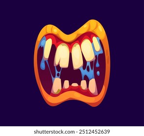 Halloween monster mouth with drool jaws, dripping saliva and sharp rugged teeth. Isolated cartoon vector wide-open eerie zombie, alien or devil maw with scary dripping slime, yellow lips and red gums