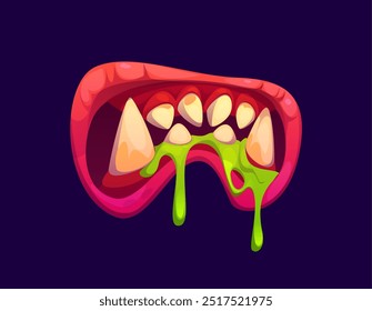 Boca de monstro de Halloween com mandíbulas de baba e língua de saliva para feriado de horror, vetor de desenhos animados. Besta de lobisomem ou monstro zumbi com dentes vampiro ogre fang e saliva verde para noite de horror