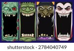 Halloween Monster Mouth Frames Set - Vertical Banners with Zombie, Frankenstein, Witch and Vampire Characters on Dark Blue Background