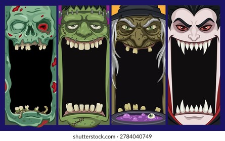 Halloween Monster Mouth Frames Set - Vertical Banners with Zombie, Frankenstein, Witch and Vampire Characters on Dark Blue Background Halloween Monster Mouth Frames Set - Vertical Banners with Zombie, Frankenstein, Witch and Vampire Characters on Dark Blue Background