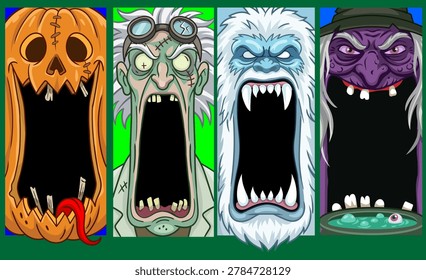 Halloween Monster Mouth Frames Set - Vertical Banners with Jack-o'-Lantern, Mad Scientist, Yeti and Witch on Green Background