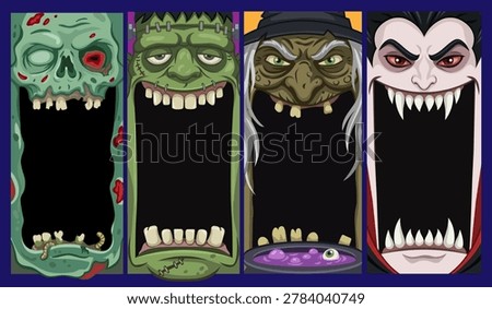 Halloween Monster Mouth Frames Set - Vertical Banners with Zombie, Frankenstein, Witch and Vampire Characters on Dark Blue Background