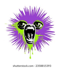 Halloween monster muzzle with vampire lips with dripping blood. Halloween halftone collage element. Screaming mouth of monster with fangs. Mixed media design. Vector illustration isolated