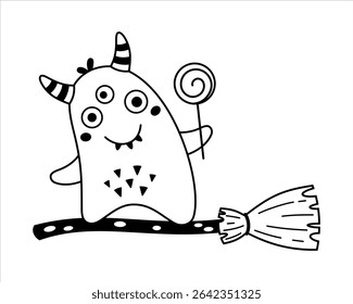 Halloween monster on witch broom, isolated black and white doodle. Cute spooky Halloween character, Happy Halloween hand drawn vector illustration in flat style