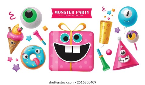 Halloween monster party elements vector set design. Halloween festive decoration elements like cute gift box, scary birthday hat, balloon and lollipop isolated in white background. Vector illustration