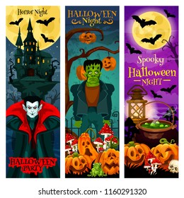 Halloween monster party invitation banner for october holiday celebration. Horror zombie, vampire and spooky ghost house, pumpkin lantern, bat and full moon, cemetery and potion for promo flyer design