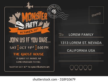 Halloween Monster Party postcard invitation template. Halloween RSVP card background. Vector illustration