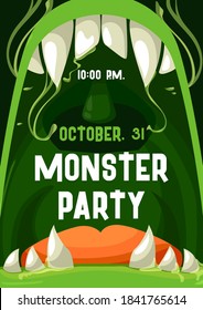 Afiche de invitación vectorial de fiesta monstruosa de Halloween con boca abierta zombie y marco de dientes. Truco o trata a la criatura extraterrestre del horror reír espeluznante con labios verdes y gotas de limo, colmillos de vampiros y lengua