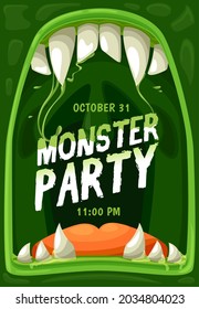 Halloween monster party vector poster with frame of horror zombie mouth, jaws with scary teeth, fangs, tongue and green slime drops. Horror night holiday trick or treat party invitation flyer design