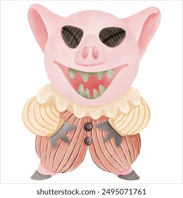 Halloween monster pig. Water color hand drawing  vector file.