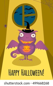 Halloween monster with pumpkin in hands.