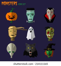 Halloween monster set of icons pumpkin, ghost Dracula zombi werewolf Frankenstein's monster alien mummy