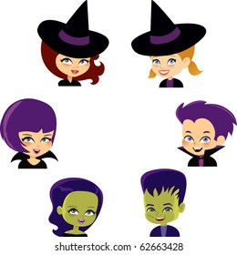 Halloween Monster Set with six portrait of cartoon kids wearing costumes, witch, vampire and Frankenstein