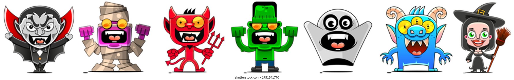 Halloween monster set. Stock illustration on a white background. For design, decoration, logo.