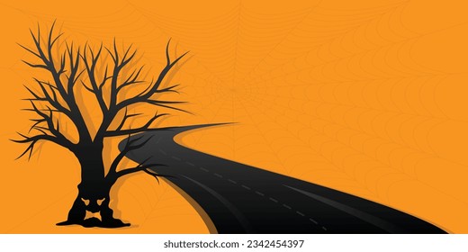 Halloween monster silhouette black tree in a road