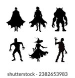 Halloween monster silhouettes isolated on white background. Witch, zombie, Dracula, vampire and werewolf. Cartoon characters illustrations stickers