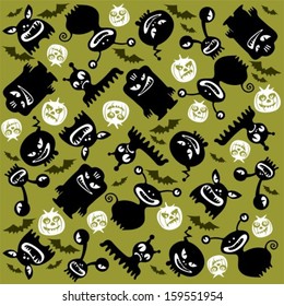 Halloween monster silhouettes on a green background.