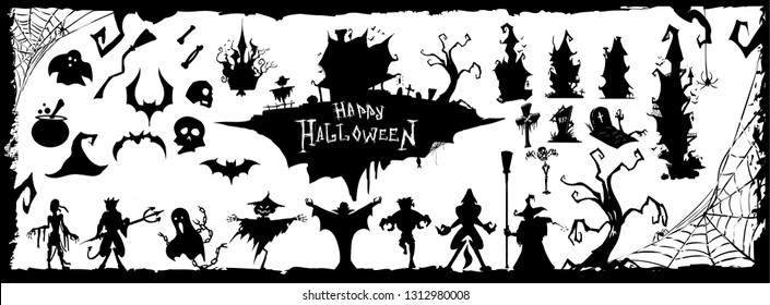 Halloween monster silhouettes set isolated on white background. Scarecrow, zombie, Dracula, mummy, devil, Ghost, werewolf, witch, tree, evil house.