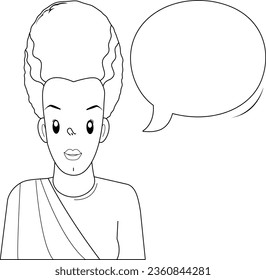 Halloween monster and speech bubble. Vector black and white coloring page.