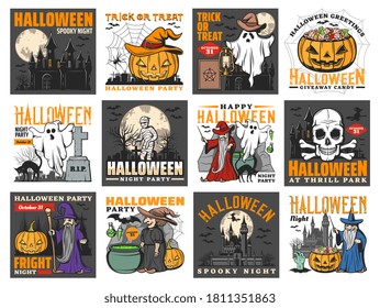 Halloween monster vector greeting cards. Spooky pumpkins, ghosts and witch, horror night moon, bats and skull, spider and black cat, evil wizard, zombie and mummy, haunted house, potion and graveyard