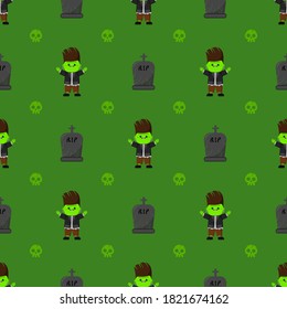 Halloween monster vector pattern. Cartoon style. Kawaii character. Trick or treat. Cute symbols of the holiday. Funny illustration. For fabrics, textiles, cards, backgrounds and wrapping papers.