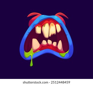 Halloween monster wide-open mouth with drool jaws, dripping saliva and exaggerated sharp teeth. Isolated cartoon vector eerie zombie, alien, devil maw with scary dripping slime, blue lips and red gums