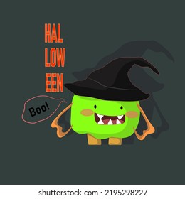 A halloween monster in witch hat.  For the Halloween holiday, postcards, cards, banners, stickers, posters, prints on clothes, decoration of cafes, shops.