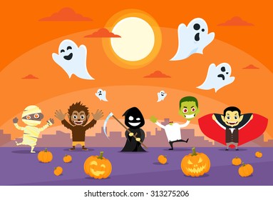 Halloween Monsters Banner Card Zobmbie Vampire Ghost Death Grim Reaper Werewolf Flat Vector Illustration