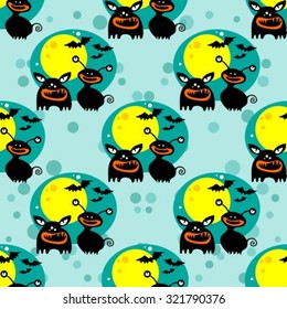 Halloween monsters and bats on a blue background.