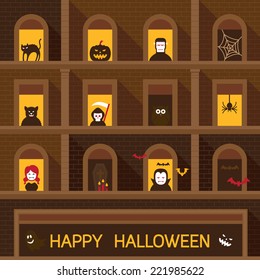 Halloween : Monsters at Building Windows