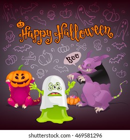 Halloween monsters card. Characters for your design on chalkboard dark background.