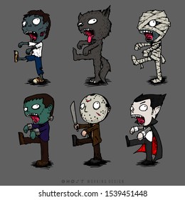 Halloween Monsters Cartoon Character Set, Zombie, Were Wolf, Mummy, Frankenstein, Jason, Dracula