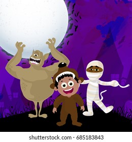 Halloween monsters character on full moon light, spooky night background with flying bats and haunted house.