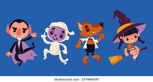 Halloween monsters. Halloween characters - dracula, mummy, wolf, witch. Vector illustration in cartoon children s style. Isolated funny clipart on white background fun