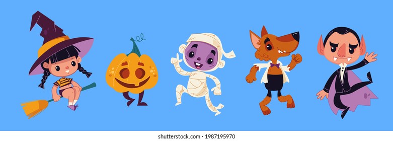 Halloween monsters. Halloween characters - dracula, pumpkin, mummy, wolf, witch. Vector illustration in cartoon style for children. Isolated fun clipart on blue background