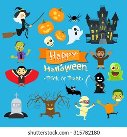 Halloween Monsters Collection Set Zombie Vampire Ghost Death Grim Reaper Werewolf Flat Vector Illustration